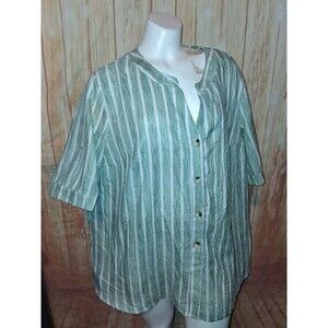 Unbranded Green Stripe Short Sleeve Button Up V-neck Blouse Sz 1X